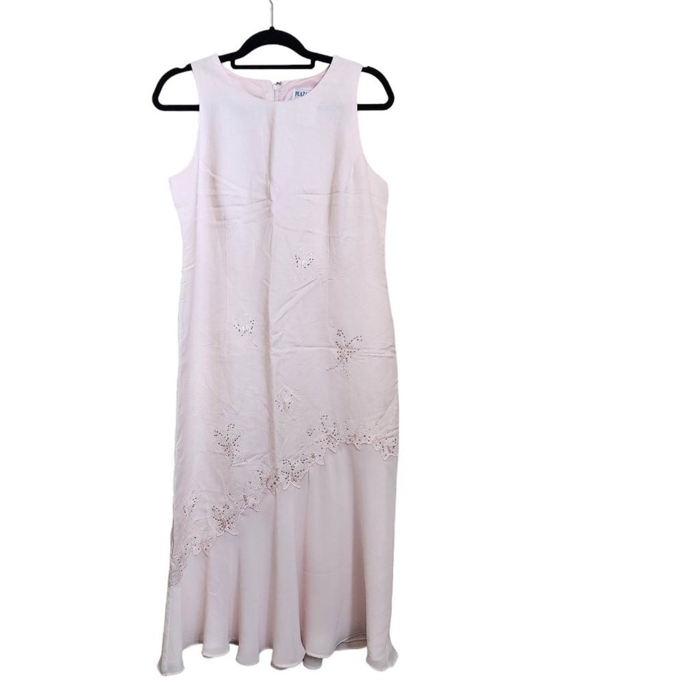 Vintage Pastel Pink Chiffon Maxi‎ Dress Butterfly Y2K Fairy Sz 12 Petite Beaded